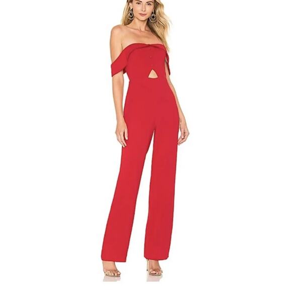 L'Academie Pants - NWT L'Acadamie Red Cutout Jumpsuit  Small Off Shoulder Wide Leg